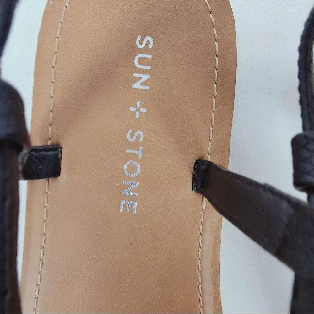 Sun + Stone Kristi Black Faux Leather Slingback Flat T-Strap Thong Sandals, 7.5